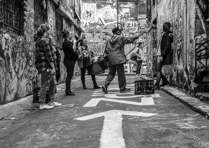 Michael Coyne with Justice Cameron, Jess DeBono and models in Hosier Lane - BTS PJ Location Flash workshop 20Aug2016. Photo by Scott McNaughton.