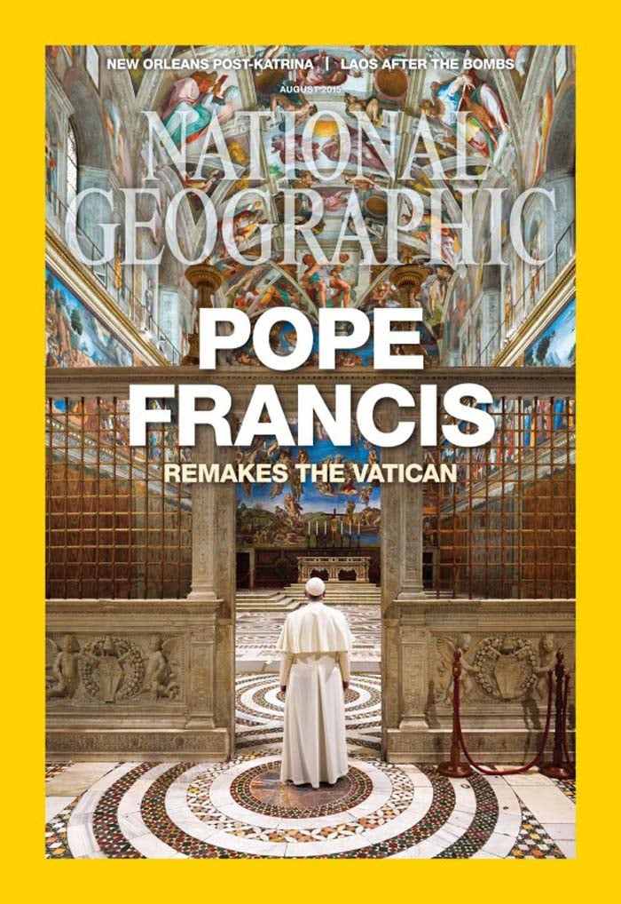 The cover of National Geographic's August issue with the story on Pope Francis photographed by David Yoder